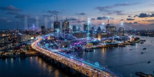 Lagos skyline with digital network